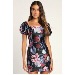 Lulu’s So Stunning Floral Jacquard Puff Sleeve Dress Size Medium